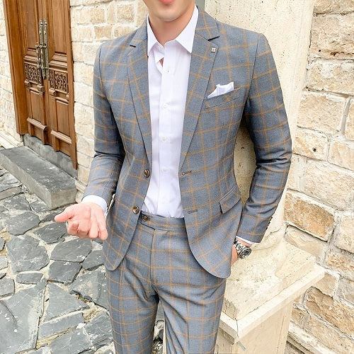 Jakkesæt Herre Luksus Business Formel Plaid Slim Fit Suit