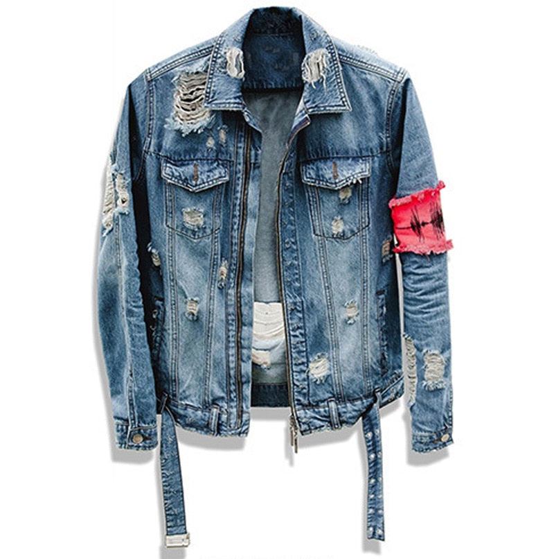 Denim Jakker Herre Ripped Ribbon Distressed Denimjakke