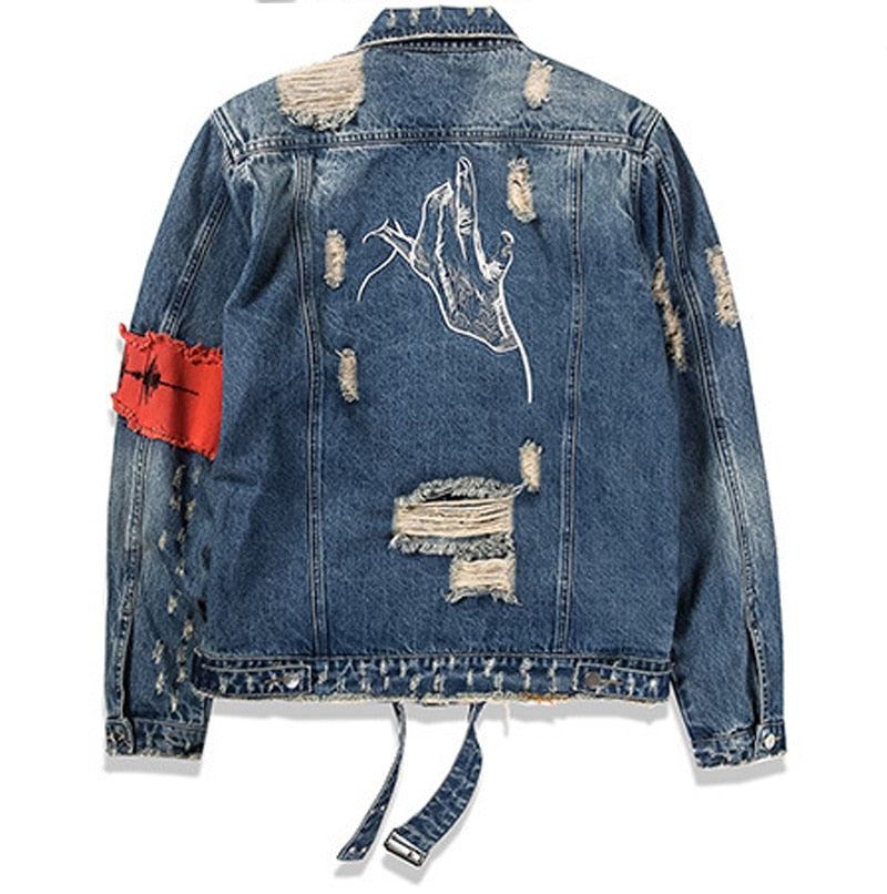 Denim Jakker Herre Ripped Ribbon Distressed Denimjakke