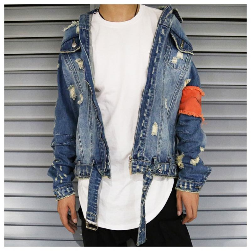 Denim Jakker Herre Ripped Ribbon Distressed Denimjakke