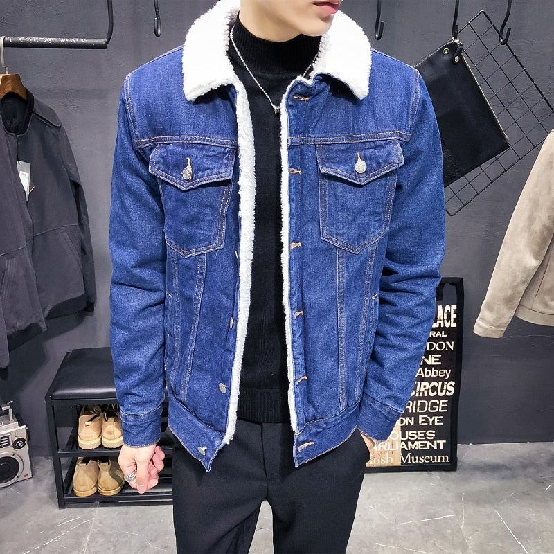 Denim Jakker Herre Trendy Varm Fleece Denimjakke