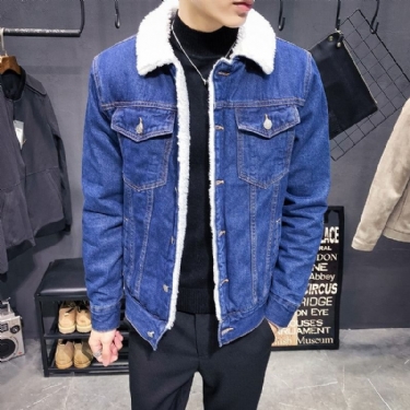 Denim Jakker Herre Trendy Varm Fleece Denimjakke