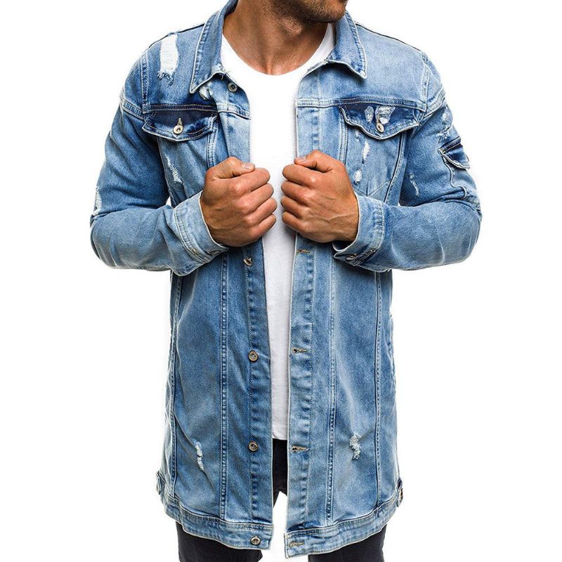 Herre Denim Jakker Stil Distressed Denim Street Lang Jakke