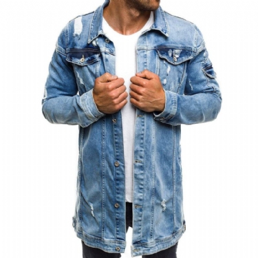 Herre Denim Jakker Stil Distressed Denim Street Lang Jakke