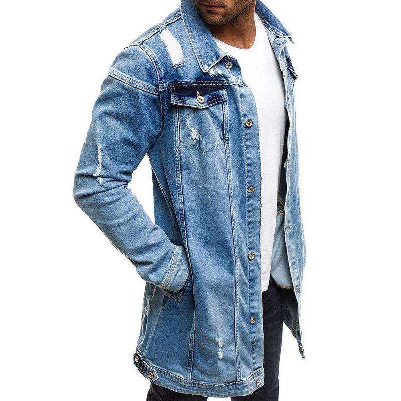 Herre Denim Jakker Stil Distressed Denim Street Lang Jakke