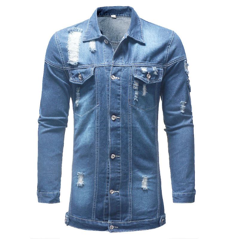 Herre Denim Jakker Stil Distressed Denim Street Lang Jakke