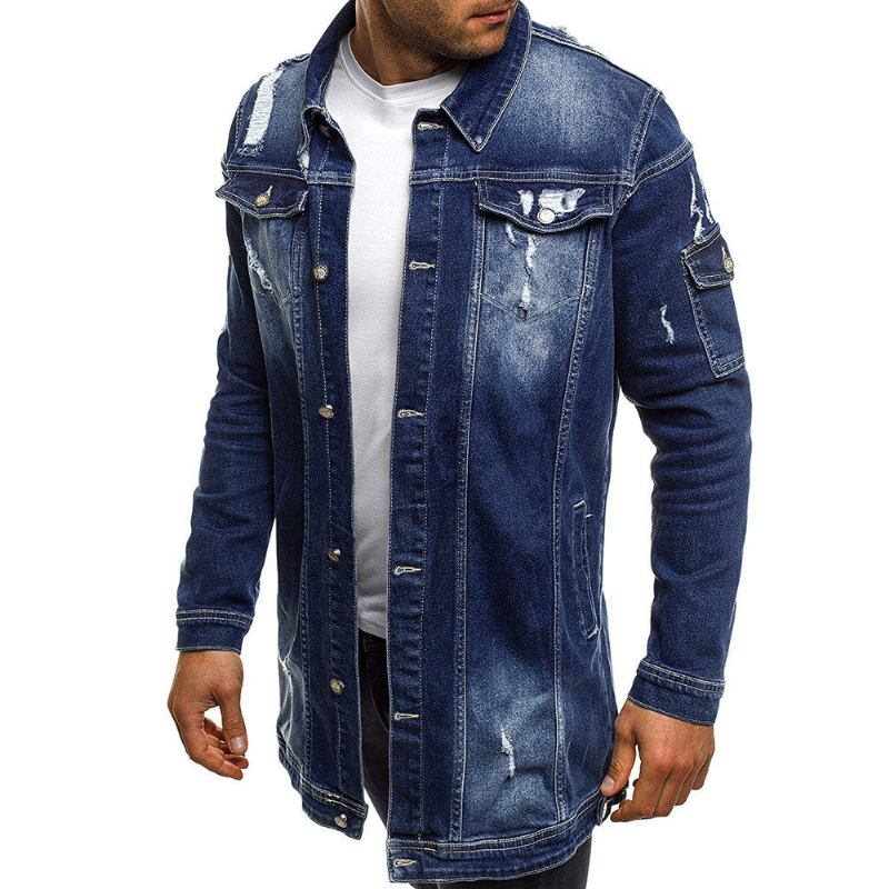 Herre Denim Jakker Stil Distressed Denim Street Lang Jakke