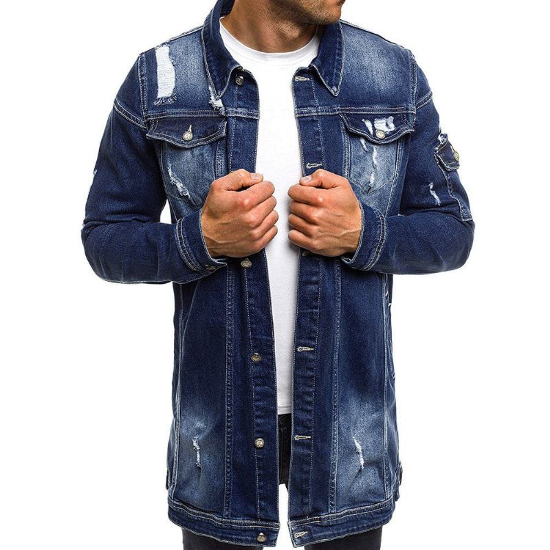 Herre Denim Jakker Stil Distressed Denim Street Lang Jakke