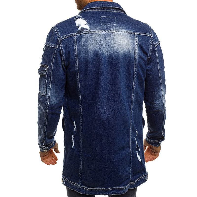 Herre Denim Jakker Stil Distressed Denim Street Lang Jakke