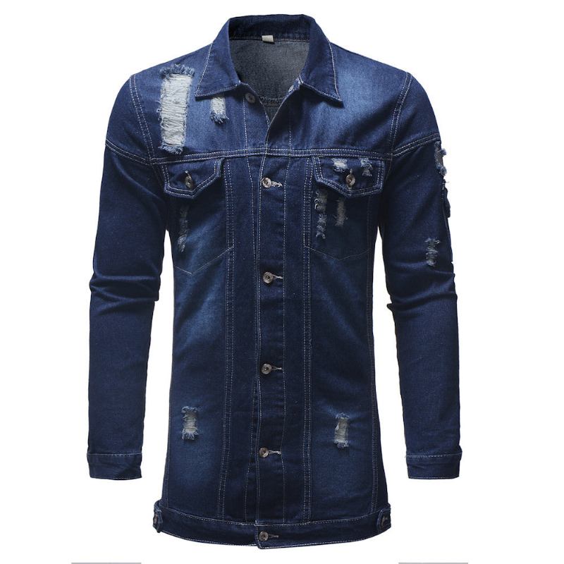 Herre Denim Jakker Stil Distressed Denim Street Lang Jakke