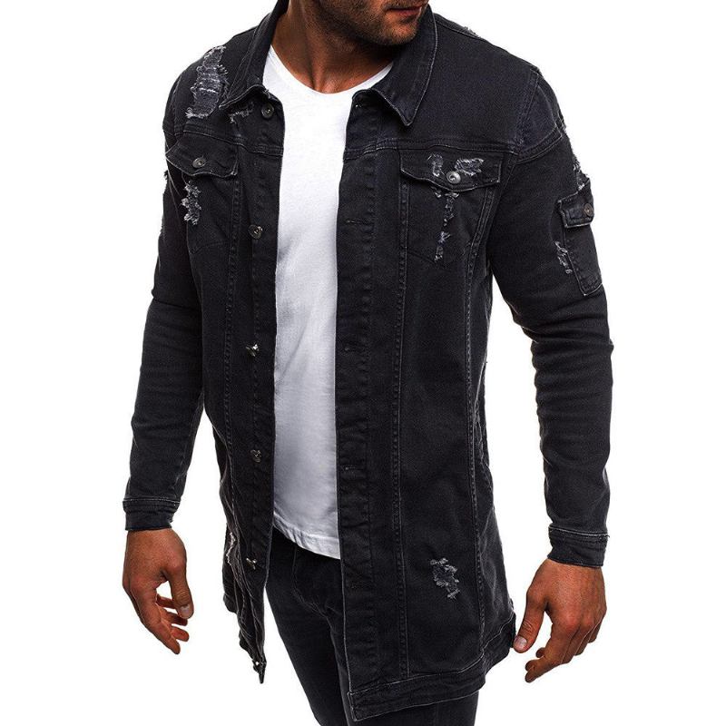 Herre Denim Jakker Stil Distressed Denim Street Lang Jakke