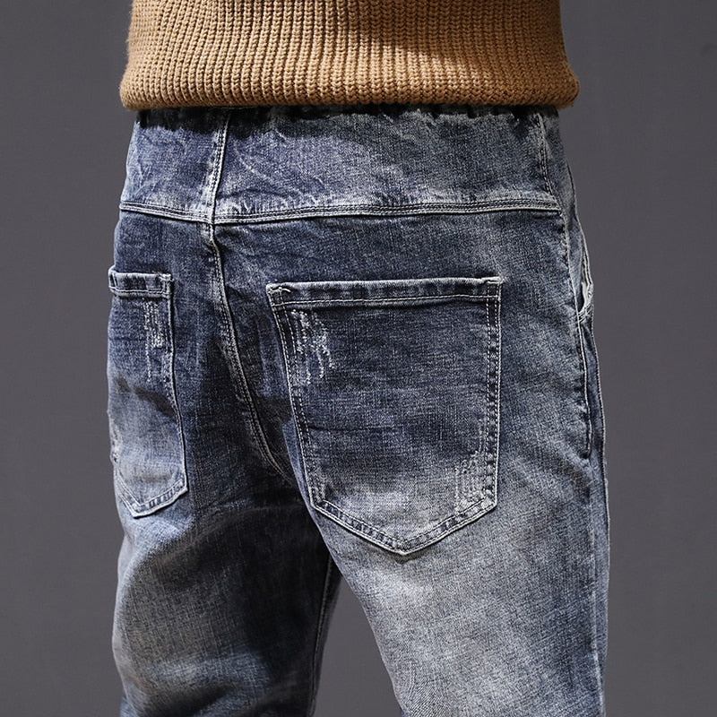 Ruched Leisure Jeans Herre Med Elastisk Talje