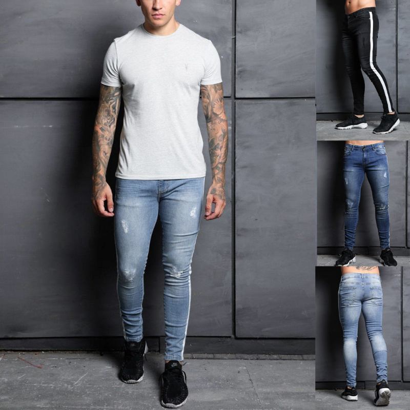 Stretch-stribede Jeans Herre I Siden