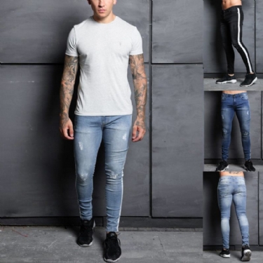 Stretch-stribede Jeans Herre I Siden