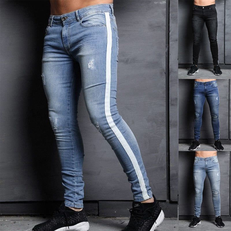 Stretch-stribede Jeans Herre I Siden