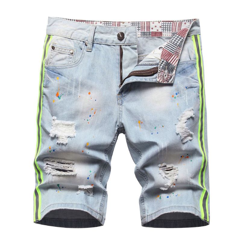 Shorts Herre Neon Side Stripe Malede Huller Rippede Distressed Jeans Short